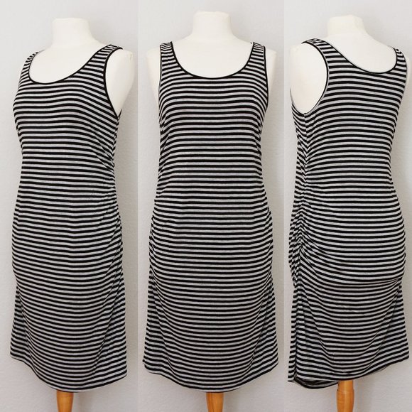 Liz Lange Maternity Gray Black Striped Ruched Gathered Sleeveless Midi Dress S - Picture 4 of 9